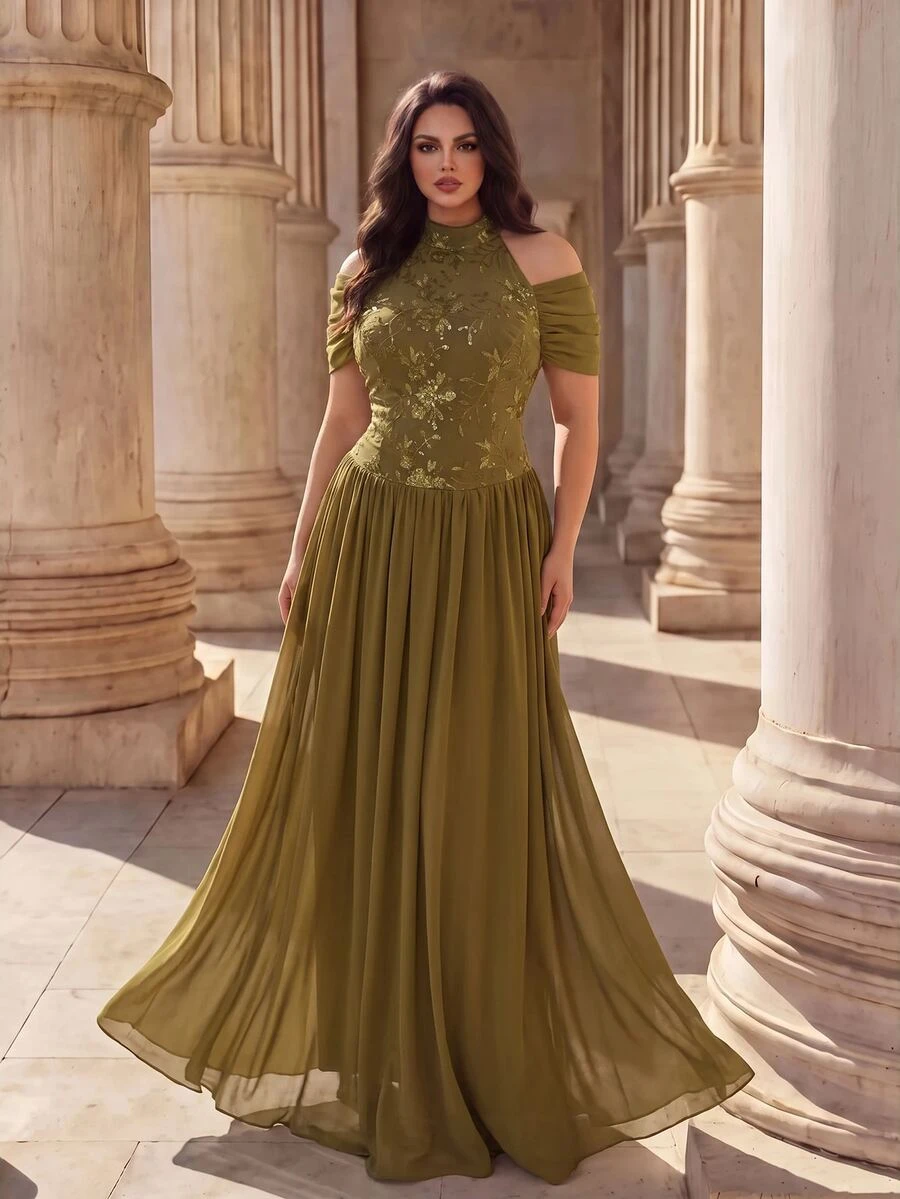Coutiva Plus Size Women's Sequin Cold Shoulder Elegant Formal Evening Gown - Olive Green - View 1
