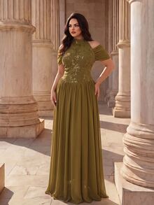Coutiva Plus Size Women's Sequin Cold Shoulder Elegant Formal Evening Gown - Olive Green - View 4