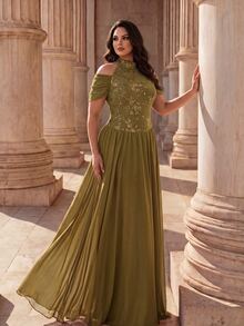 Coutiva Plus Size Women's Sequin Cold Shoulder Elegant Formal Evening Gown - Olive Green - View 6