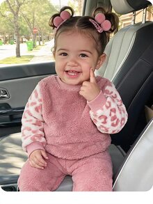 SHEIN Baby Girl Winter Warm Cow Print Patchwork Autumn Sweatshirt - Pink - View 1