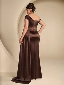 Coutiva Plus Size Women's Patchwork Sequin Pleated Design Side Slit Hem Formal Evening Gown - Coffee Brown - View 8