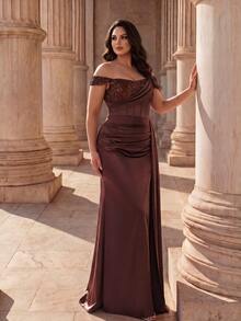 Coutiva Plus Size Women's Patchwork Sequin Pleated Design Side Slit Hem Formal Evening Gown - Coffee Brown - View 10