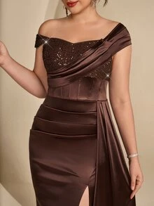 Coutiva Plus Size Women's Patchwork Sequin Pleated Design Side Slit Hem Formal Evening Gown - Coffee Brown - View 7