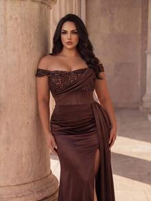 Coutiva Plus Size Women's Patchwork Sequin Pleated Design Side Slit Hem Formal Evening Gown - Coffee Brown - View 5