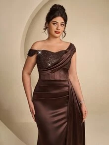 Coutiva Plus Size Women's Patchwork Sequin Pleated Design Side Slit Hem Formal Evening Gown - Coffee Brown - View 11