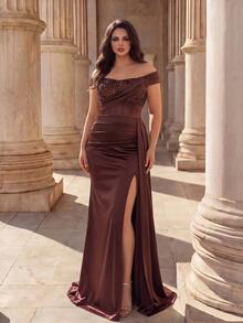 Coutiva Plus Size Women's Patchwork Sequin Pleated Design Side Slit Hem Formal Evening Gown - Coffee Brown - View 6