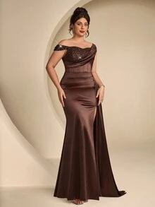 Coutiva Plus Size Women's Patchwork Sequin Pleated Design Side Slit Hem Formal Evening Gown - Coffee Brown - View 1