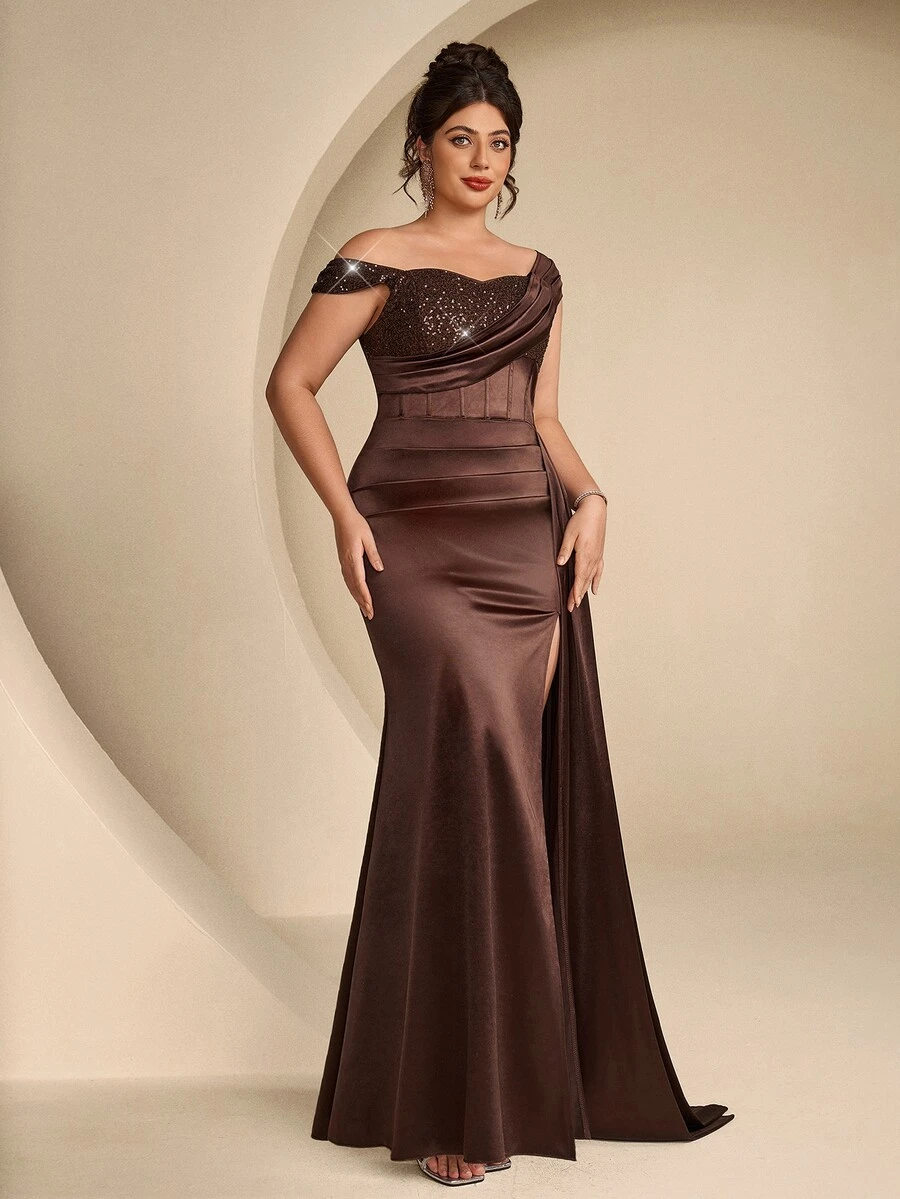 Coutiva Plus Size Women's Patchwork Sequin Pleated Design Side Slit Hem Formal Evening Gown - Coffee Brown - View 1