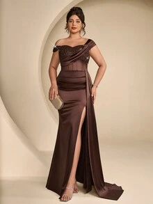 Coutiva Plus Size Women's Patchwork Sequin Pleated Design Side Slit Hem Formal Evening Gown - Coffee Brown - View 9
