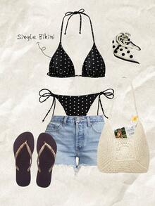 Swim Mod Setelan Bikini Dua Potong Motif Polkadot Acak untuk Wanita, Model Ikat Samping; Pakaian Renang Pantai Seksi untuk Kencan dan Liburan, Musim Panas/Gugur - Hitam dan Putih - View 7