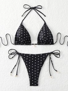 Swim Mod Setelan Bikini Dua Potong Motif Polkadot Acak untuk Wanita, Model Ikat Samping; Pakaian Renang Pantai Seksi untuk Kencan dan Liburan, Musim Panas/Gugur - Hitam dan Putih - View 4