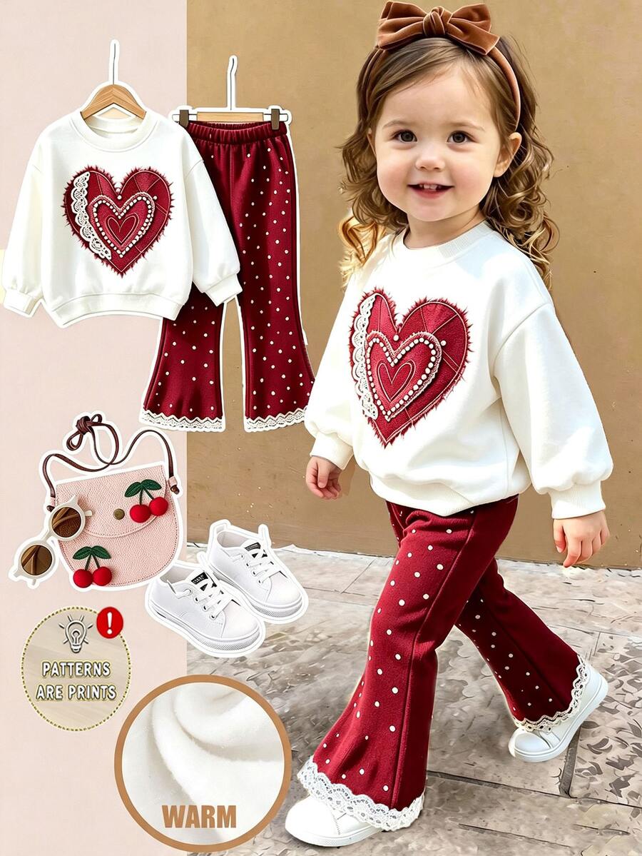SHEIN Vintaside Kids 嬰兒與幼兒甜美運動衫套裝,可愛女孩幾何心形印花,休閒舒適柔軟圓領長袖運動衫與內搭褲,適合秋冬日常穿著 - 彩色 - 查看 1