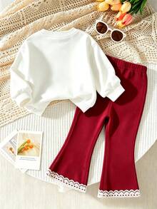 SHEIN Vintaside Kids 嬰兒與幼兒甜美運動衫套裝，可愛女孩幾何心形印花，休閒舒適柔軟圓領長袖運動衫與內搭褲，適合秋冬日常穿著 - 彩色 - 查看 3