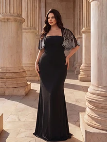 Coutiva Gaun Malam Formal Elegan Wanita Ukuran Plus dengan Motif Patchwork, Jala, Rhinestone, Leher Persegi, dan Hem Model Duyung (Gaya dengan Hiasan Mewah) - Hitam - View 5