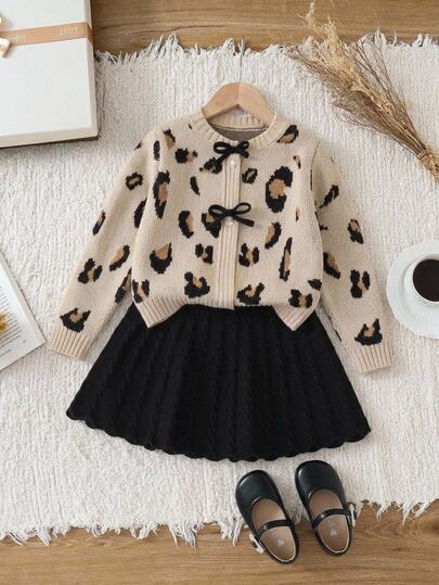 Young Girl Leopard Print Bow Decor Knitted Cardigan And Skirt Set, Back-To-School Winter Clothes For School Girl, Autumn Young Girls Two Pieces Long Sleeve Suit