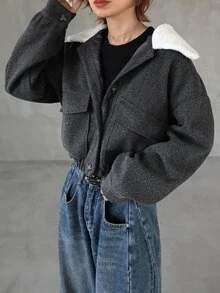 FRIFUL 女款拼色時尚百搭日常穿搭羊毛外套 秋季 - 灰色 - 查看 8
