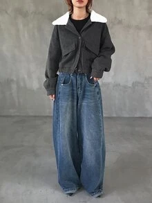FRIFUL 女款拼色時尚百搭日常穿搭羊毛外套 秋季 - 灰色 - 查看 5
