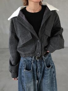 FRIFUL 女款拼色時尚百搭日常穿搭羊毛外套 秋季 - 灰色 - 查看 7