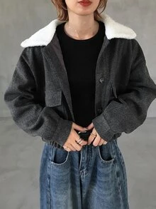 FRIFUL 女款拼色時尚百搭日常穿搭羊毛外套 秋季 - 灰色 - 查看 1