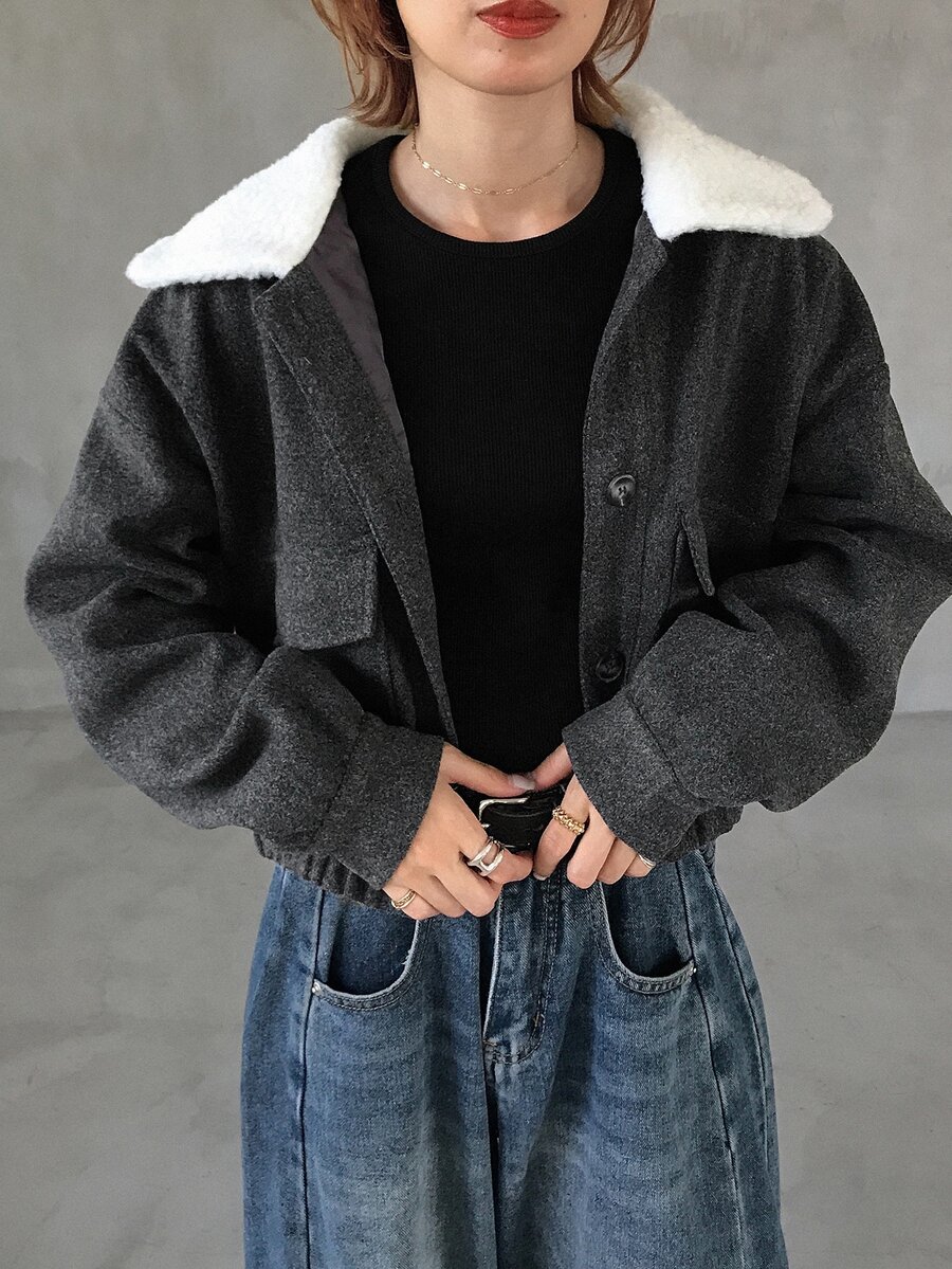 FRIFUL 女款拼色時尚百搭日常穿搭羊毛外套 秋季 - 灰色 - 查看 1