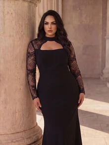 Coutiva Plus Size Women's Twisted Yarn & Contrast Lace Hollow Chest High Neck Long Sleeve Formal Evening Gown (Heavy Workmanship) - Black - View 5