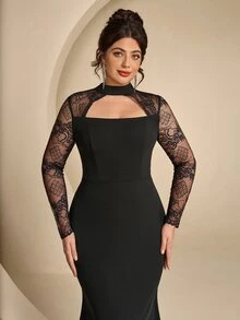 Coutiva Plus Size Women's Twisted Yarn & Contrast Lace Hollow Chest High Neck Long Sleeve Formal Evening Gown (Heavy Workmanship) - Black - View 12