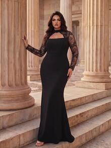 Coutiva Plus Size Women's Twisted Yarn & Contrast Lace Hollow Chest High Neck Long Sleeve Formal Evening Gown (Heavy Workmanship) - Black - View 3