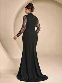 Coutiva Plus Size Women's Twisted Yarn & Contrast Lace Hollow Chest High Neck Long Sleeve Formal Evening Gown (Heavy Workmanship) - Black - View 8