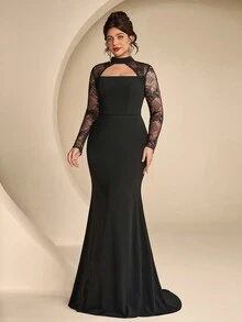 Coutiva Plus Size Women's Twisted Yarn & Contrast Lace Hollow Chest High Neck Long Sleeve Formal Evening Gown (Heavy Workmanship) - Black - View 9
