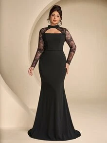 Coutiva Plus Size Women's Twisted Yarn & Contrast Lace Hollow Chest High Neck Long Sleeve Formal Evening Gown (Heavy Workmanship) - Black - View 7