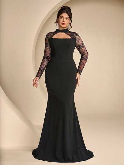 Coutiva Plus Size Women's Twisted Yarn & Contrast Lace Hollow Chest High Neck Long Sleeve Formal Evening Gown (Heavy Workmanship)