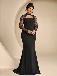 Coutiva Plus Size Women's Twisted Yarn & Contrast Lace Hollow Chest High Neck Long Sleeve Formal Evening Gown (Heavy Workmanship) - Black - View 10