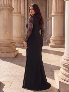 Coutiva Plus Size Women's Twisted Yarn & Contrast Lace Hollow Chest High Neck Long Sleeve Formal Evening Gown (Heavy Workmanship) - Black - View 2
