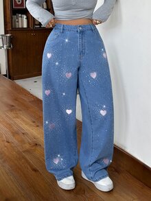 Rivivi Jeans Kaki Lurus Fashion Street dengan Hiasan Batu Permata Bentuk Hati dan Efek Wash - Medium Wash - View 6