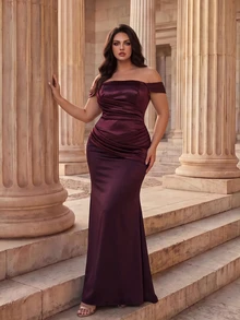 Coutiva Plus Size Women's Off-Shoulder Pleated Design Mermaid Hem Elegant Formal Evening Gown - Burgundy - View 3