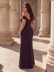 Coutiva Plus Size Women's Off-Shoulder Pleated Design Mermaid Hem Elegant Formal Evening Gown - Burgundy - View 2