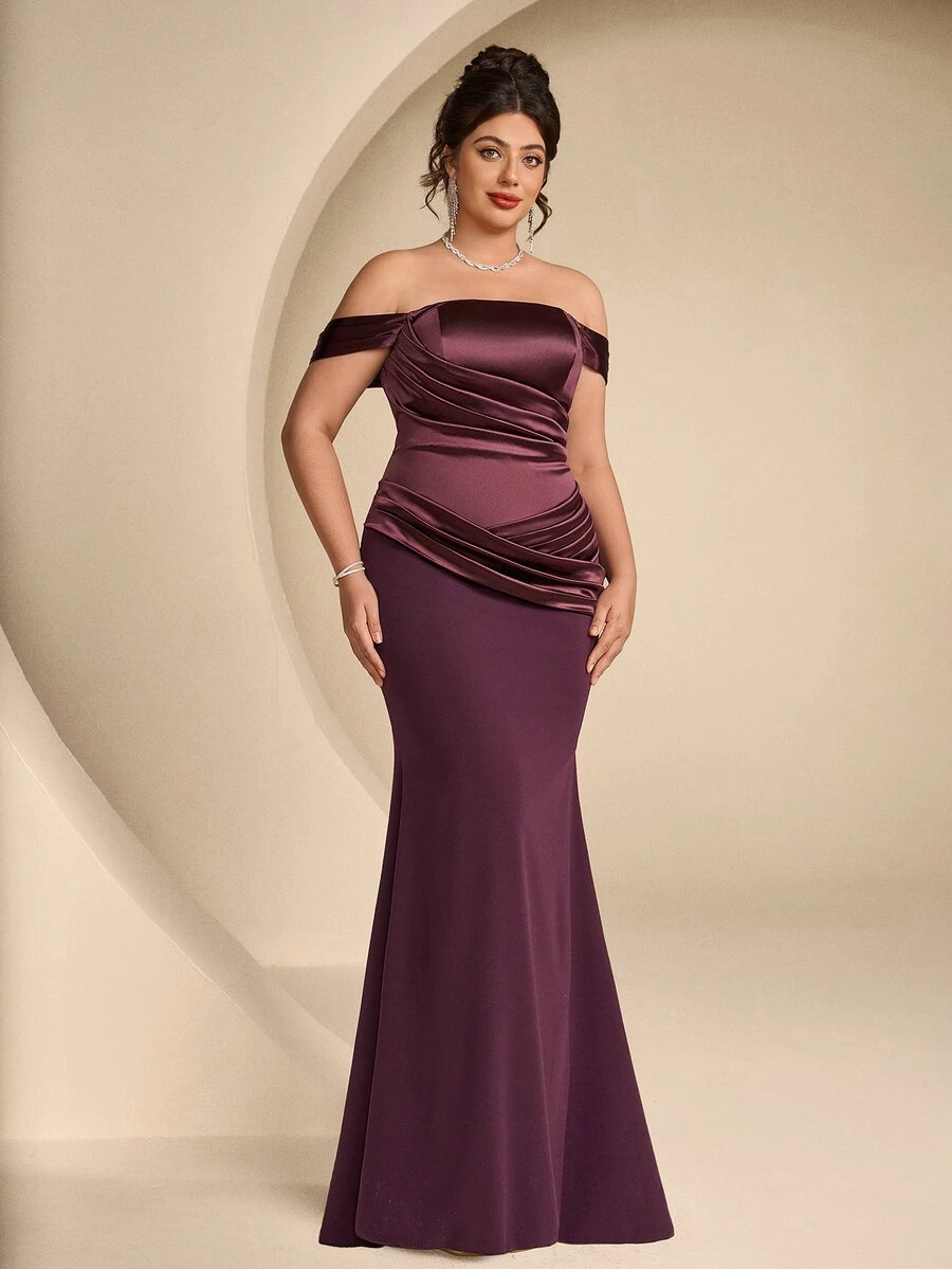Coutiva Plus Size Women's Off-Shoulder Pleated Design Mermaid Hem Elegant Formal Evening Gown - Burgundy - View 1