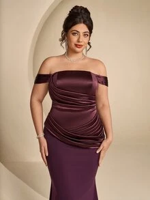 Coutiva Plus Size Women's Off-Shoulder Pleated Design Mermaid Hem Elegant Formal Evening Gown - Burgundy - View 11