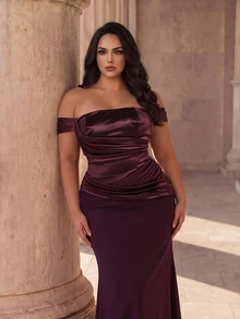 Coutiva Plus Size Women's Off-Shoulder Pleated Design Mermaid Hem Elegant Formal Evening Gown - Burgundy - View 5
