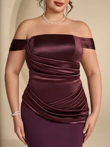 Coutiva Plus Size Women's Off-Shoulder Pleated Design Mermaid Hem Elegant Formal Evening Gown - Burgundy - View 12