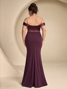Coutiva Plus Size Women's Off-Shoulder Pleated Design Mermaid Hem Elegant Formal Evening Gown - Burgundy - View 8