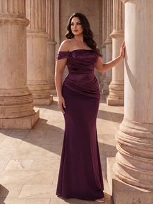 Coutiva Plus Size Women's Off-Shoulder Pleated Design Mermaid Hem Elegant Formal Evening Gown - Burgundy - View 6