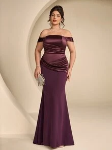 Coutiva Plus Size Women's Off-Shoulder Pleated Design Mermaid Hem Elegant Formal Evening Gown - Burgundy - View 9