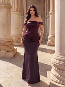 Coutiva Plus Size Women's Off-Shoulder Pleated Design Mermaid Hem Elegant Formal Evening Gown - Burgundy - View 10