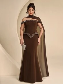 Coutiva Plus Size Women's Rhinestone Decorated Off-Shoulder Mermaid Hem Elegant Formal Evening Gown - Mint Green - View 11