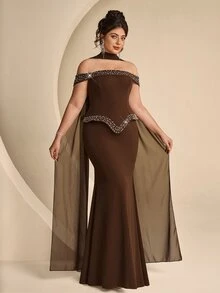 Coutiva Plus Size Women's Rhinestone Decorated Off-Shoulder Mermaid Hem Elegant Formal Evening Gown - Mint Green - View 9