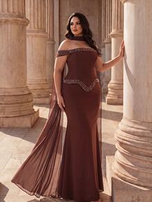 Coutiva Plus Size Women's Rhinestone Decorated Off-Shoulder Mermaid Hem Elegant Formal Evening Gown - Mint Green - View 1