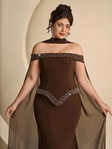 Coutiva Plus Size Women's Rhinestone Decorated Off-Shoulder Mermaid Hem Elegant Formal Evening Gown - Mint Green - View 12