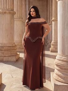 Coutiva Plus Size Women's Rhinestone Decorated Off-Shoulder Mermaid Hem Elegant Formal Evening Gown - Mint Green - View 4