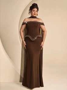 Coutiva Plus Size Women's Rhinestone Decorated Off-Shoulder Mermaid Hem Elegant Formal Evening Gown - Mint Green - View 7